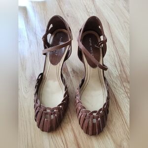 Nine West Tan Leather Summer Shoes Heels Huarache Style Size 7
